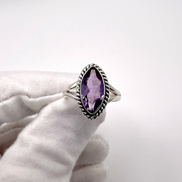 Genuine Faceted Marquise Amethyst .925 Sterling Silver Ring - Picture 3 of 17